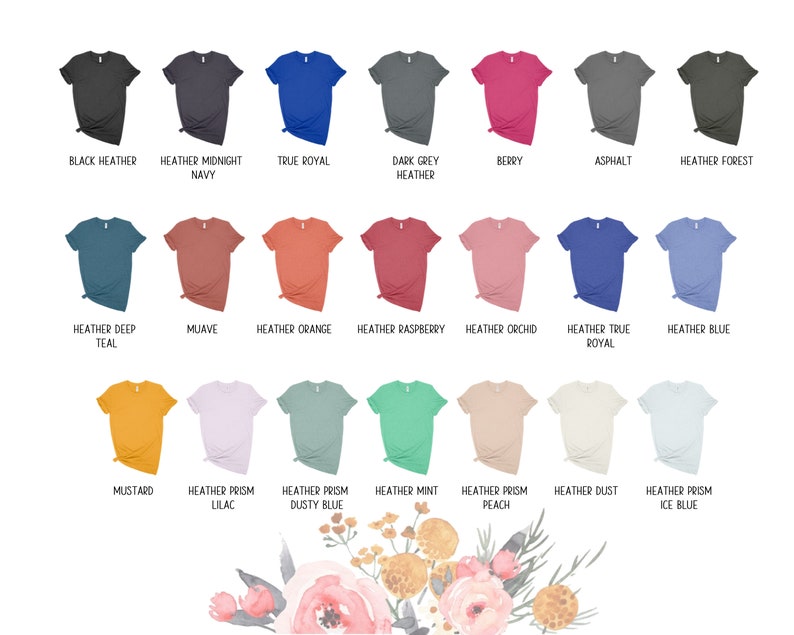 May include: A chart showing 18 different colors of t-shirts. The colors include black, navy, royal blue, grey, berry, asphalt, forest green, teal, mauve, orange, raspberry, orchid, true royal, blue, mustard, lilac, dusty blue, mint, peach, dust, and ice blue.