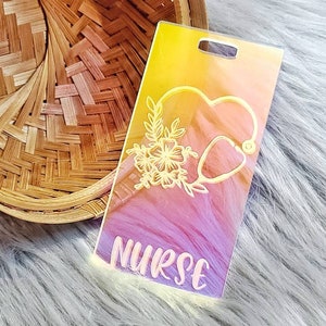 Iridescent Nurse Badge Buddy - Floral Stethoscope Badge Buddy - Bsn RN Badge Buddy- Nurse Gift - RN Badge Buddy - Engraved Badge Buddy