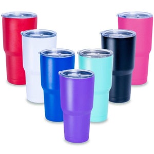 May include: Set of seven stainless steel tumblers with lids in various colors, including red, white, blue, black, purple, and turquoise.