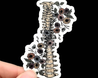 May include: A sticker featuring a detailed illustration of a human spine with delicate flowers and leaves growing from it. The flowers are in shades of pink, purple, and brown.
