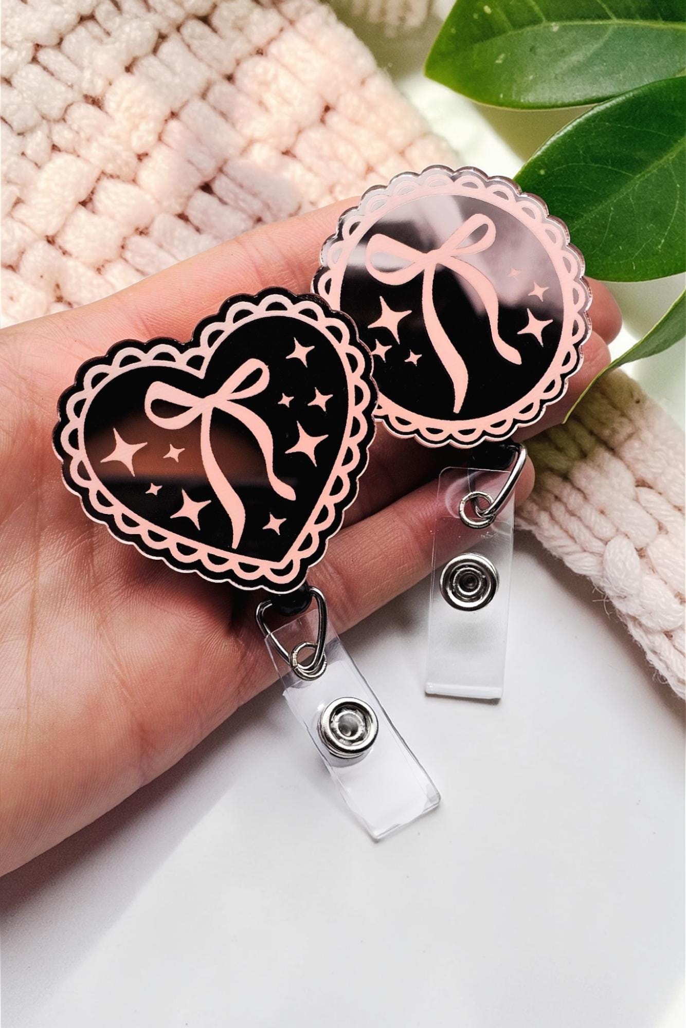 Scalloped Coquette Badge Reel - Mirror Bow Badge - Nurse Badge Holder - ICU Badge - ER Tech - Rose Gold Badge - Radiology Badge - Xray Badge