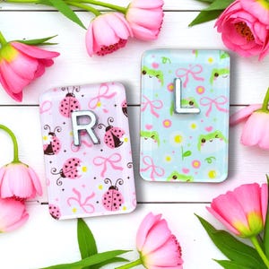 May include: Two rectangular decorative glass tiles, one with a pink ladybug pattern and the letter "R", the other with a blue frog and flower pattern and the letter "L". Pink bows and flowers decorate the tiles. The background is white.