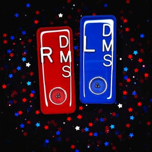 May include: Two rectangular, decorative pins. One is red with white lettering spelling "RMS" and "D" and a small, round, red button. The other is blue with white lettering spelling "DMS" and "L" and a small, round, blue button. The background is black with red, white, and blue star-shaped confetti.
