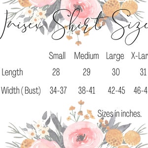 May include: A chart showing unisex shirt sizes in inches. The chart lists the body length and body width (bust) for small, medium, large, and extra-large sizes.