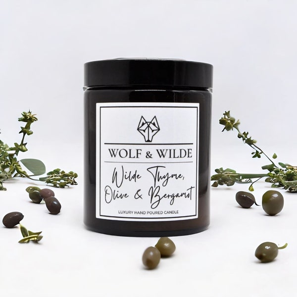 Thyme, Olive and Bergamot Luxury 180cl Candle | Handmade in Amber Glass Jars with Black Lids | No Toxins | Vegan and Cruelty Free