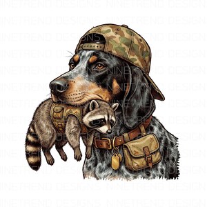 May include: Illustration of a dog wearing a camouflage baseball cap and a brown leather collar with a small pouch. The dog is holding a raccoon wearing a vest. The image has the text "NINETREND DESIGNS" repeated.