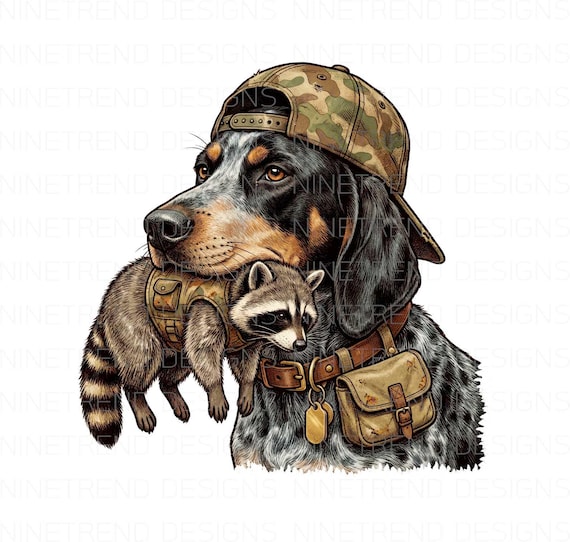 Bluetick Coonhound Hunting PNG, Raccoon Hunter Dog Sublimation, Camo Hat Hound with Prey Clipart, Mens Hunting Shirt Design DTF