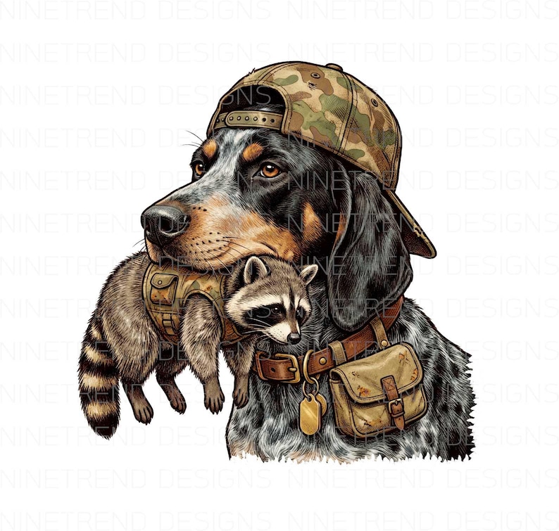 May include: Illustration of a dog wearing a camouflage baseball cap and a brown leather collar with a small pouch. The dog is holding a raccoon wearing a vest. The image has the text "NINETREND DESIGNS" repeated.