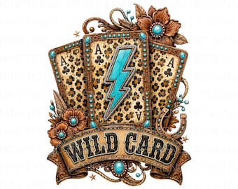 Wild Card PNG, Western Sublimation, Turquoise Lightning Bolt, Leopard Playing Cards, Boho Cowgirl Design, Rodeo Digital Download