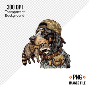 May include: Digital illustration of a dog and raccoon. The dog wears a camouflage cap and a brown satchel. The raccoon wears a vest. The image has the text "300 DPI Transparent Background" and "PNG IMAGES FILE".