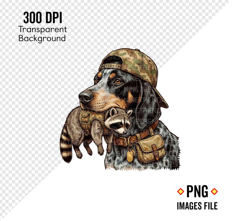 May include: Digital illustration of a dog and raccoon. The dog wears a camouflage cap and a brown satchel. The raccoon wears a vest. The image has the text "300 DPI Transparent Background" and "PNG IMAGES FILE".
