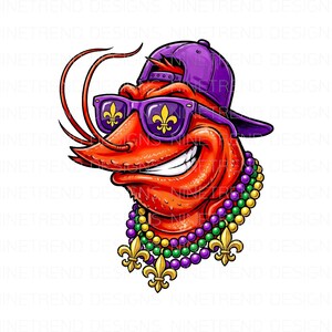 Può includere: Illustrazione di un cartone animato di un gambero rosso con berretto da baseball viola, occhiali da sole e collana di perline. Gli occhiali da sole hanno un design a fiore di giglio. Il gambero sorride su sfondo bianco.