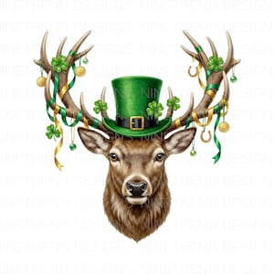 May include: A detailed illustration of a deer with antlers decorated for St. Patrick's Day. The deer wears a green top hat and its antlers are adorned with shamrocks, gold coins, ribbons, and horseshoes. The deer has brown fur and is centered on a white background.
