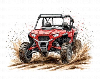 May include: A red off-road vehicle, kicking up mud and water. The side-by-side has a roll cage, a light bar, and large, knobby tires. The image is a watercolor style illustration.