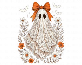 Kanten spook Halloween PNG, Oranje strik bloemenspook sublimatie, Herfst griezelig seizoen shirt ontwerp, Digitale download