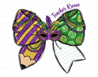 Mardi Gras Teacher Bow PNG, Teacher Krewe Sublimation, Mardi Gras Glitter Pencil Clipart, Carnival School Design, Fat Tuesday School DTG