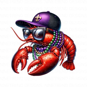Puede incluir: Un langostino rojo con una gorra de béisbol morada y dorada con gafas de sol y un collar de cuentas de Mardi Gras.