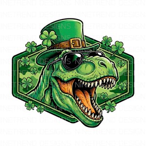 May include: A green Tyrannosaurus Rex wearing a green top hat, sunglasses, and a brown belt buckle. The dinosaur is inside a green and camouflage-patterned hexagon with shamrocks.