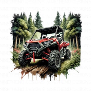 May include: A red off-road vehicle with black wheels drives through a forest. The vehicle is surrounded by green trees and bushes.