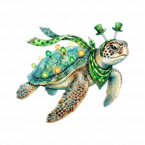 Könnte beinhalten: Eine skurrile Illustration einer Meeresschildkröte, die mit Dekorationen zum St. Patrick's Day geschmückt ist. Der Panzer der Schildkröte ist türkis mit Kleeblattmustern und leuchtenden Lichtern. Sie trägt einen grünen Schal und ein Stirnband mit kleinen Koboldhüten.