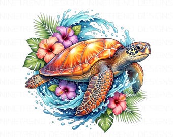Sea Turtle Tropical Flowers PNG: Sublimation Summer Trending T-Shirt Design (Digital Download)
