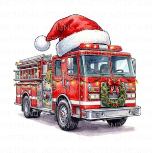 May include: Watercolor illustration of a red fire truck decorated for Christmas. The fire truck has a Santa hat on top, a wreath on the front, and string lights. The image has the text "NINETREND DESIGNS".