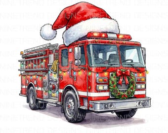Christmas Fire Truck PNG, Firefighter Holiday Sublimation, Santa Hat Fire Engine Clipart, Fire Truck Christmas Lights PNG, Xmas DTF Transfer