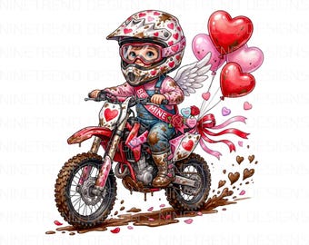 Valentine crossmotor png, schattige motorcross sublimatie kind, Cupid Rider hart ballonnen clipart, Be Mine crossmotor png, Valentine moto ontwerp