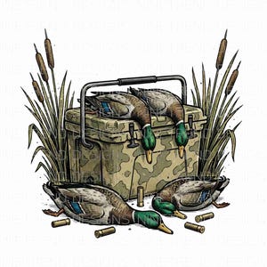 May include: An illustration of a camouflage cooler with two ducks hanging out of it, and three ducks lying on the ground. Several bullets and cattails are also in the image. The ducks have green heads and blue wing feathers.
