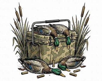 Duck Hunting Harvest PNG, Waterfowl Mallard Cooler Sublimation, Camo Ice Chest, Shotgun Shells Marsh, Mens Hunter Dad Gift, River Season DTF