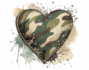 Camo Heart Watercolor Sublimation PNG: T-Shirt & Tumbler Design (Digital Download)