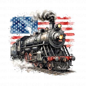May include: Watercolor illustration of a vintage steam train in black and gray, with red accents on the wheels and frame. The train is set against a backdrop of the American flag, with a distressed watercolor effect. Smoke billows from the smokestack.