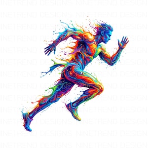 Op de afbeelding: Een kleurrijke illustratie van een rennende figuur. Het kunstwerk heeft een dynamisch spat-effect, waarbij de vorm van de figuur is weergegeven in een spectrum van blauw, rood, geel en groen. Het ontwerp staat tegen een witte achtergrond.