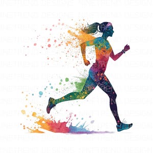 Peut inclure: Une illustration aquarelle colorée d'une personne courant. La silhouette du coureur est créée avec des éclaboussures de couleur, notamment du rouge, de l'orange, du jaune, du vert, du bleu et du violet.