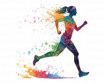 Può includere: Un'illustrazione ad acquerello colorata di una persona che corre. La silhouette del corridore è creata con schizzi di colore, tra cui rosso, arancione, giallo, verde, blu e viola.