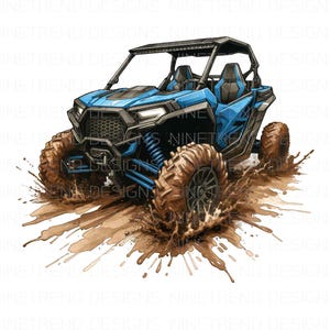 May include: A blue off-road vehicle, splashing through mud. The side-by-side has a black roll cage, black seats, and large, rugged tires. The vehicle is depicted in a watercolor style, with mud and water effects.