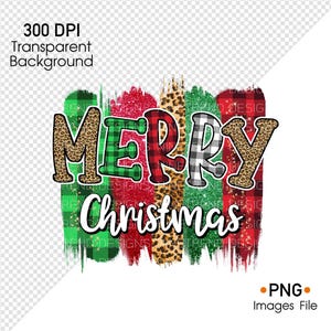 May include: A digital graphic design featuring the words "Merry Christmas" in a colorful, festive font. The letters are decorated with various patterns, including plaid, leopard print, and glitter.