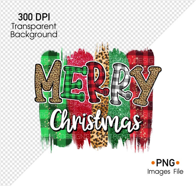 May include: A digital graphic design featuring the words "Merry Christmas" in a colorful, festive font. The letters are decorated with various patterns, including plaid, leopard print, and glitter.