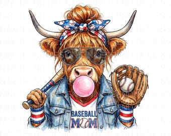 Honkbal moeder koe PNG, Highland Cow honkbal sublimatie, sport moeder kauwgom koe clipart, grappig honkbal moeder leven PNG, Instant Download