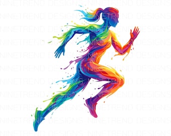 Può includere: Illustrazione colorata di una persona in corsa, realizzata in stile acquerello. La figura è composta da sfumature di blu, verde, giallo, arancione e viola, creando un'immagine dinamica ed energica. Il design incorpora il testo "NINETREND DESIGNS".