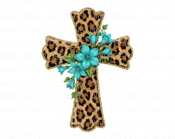 Cruz de leopardo PNG, sublimación de cruz floral turquesa, clipart de estampado de leopardo de fe occidental, cruz cristiana bohemia PNG, estampado de leopardo PNG