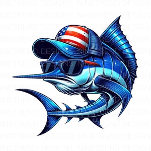 American Hat Blue Marlin PNG, Blue Marlin Sublimation PNG, 4th of July Fishing Png, Saltwater Fishing png, Fishing Flag png, Commercial Use