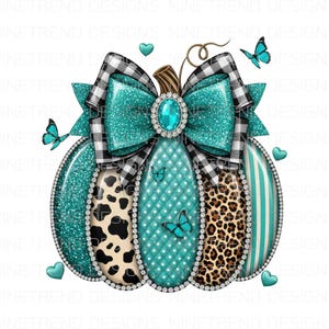May include: A decorative pumpkin design with a teal glitter, cow print, and leopard print pattern. The pumpkin features a large teal bow with a black and white checkered pattern, teal butterflies, and a jewel center.
