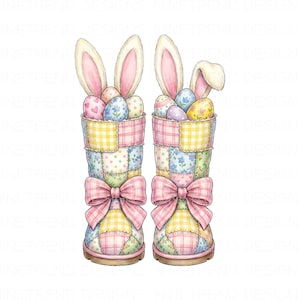 May include: Two decorative Easter boots with a patchwork design, each filled with colorful Easter eggs and bunny ears. The boots feature pink bows and are set against a white background. The boots are decorated with pastel colors.