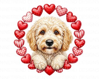 Valentine Goldendoodle PNG, Gold Doodle Dog Puppy Heart Clipart, Labradoodle Valentine Sublimation, Dog Mom Love PNG, Puppy DTG Shirt Design