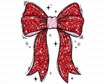 Red Glitter Coquette Bow PNG, Sparkle Red Ribbon Sublimation, Valentines Day Heart Bow Clipart, Retro Girly Aesthetic, Xmas Bow DTG Design