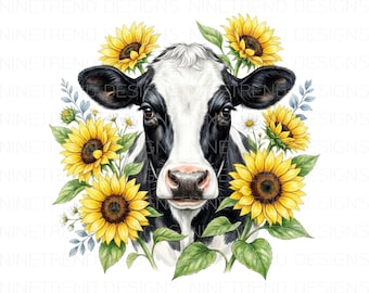 Melkkoe zonnebloemen PNG, bloemen vaars sublimatie, aquarel boerderij dier, rustieke land melkkoe clipart, lente zomer DTF ontwerp