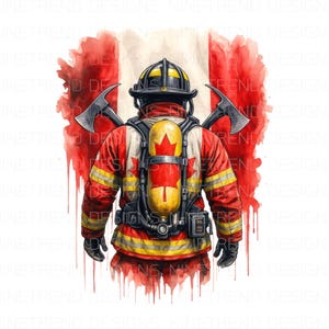Könnte beinhalten: Ein Feuerwehrmann in einer rot-weiß-gelben Uniform steht vor einer Aquarell-Kanadischen Flagge. Der Feuerwehrmann hält zwei Äxte und trägt ein Atemschutzgerät mit einer kanadischen Flagge darauf.