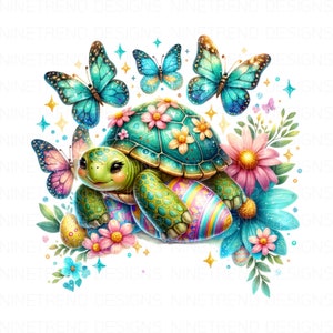 Pode incluir: Uma tartaruga verde com uma casca de ovo de Páscoa colorida, cercada por flores e borboletas. A tartaruga é decorada com glitter e tem uma expressão doce no rosto.