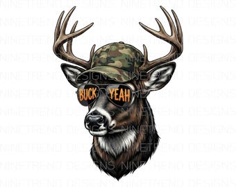 Funny Deer Hunting PNG, Buck Yeah-sublimatie, Camo Hat Buck met zonnebril, Cool Hunter Dad Gift, Outdoorsman Shirt Design, DTF